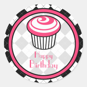 Roze Cupcake Sticker - Zwart Argyle