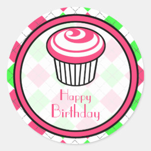 Roze Cupcake Verjaardag Sticker- Roze & Groene Arg Ronde Sticker