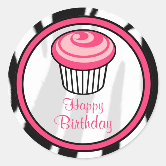 Roze Cupcake Verjaardag Sticker - Zwart Zebra Prin (Voorkant)