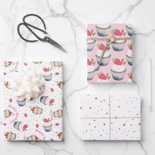 Roze Cupcake Verjaardag Wrapping Sheets - Schattig Inpakpapier Vel (Voorkant)