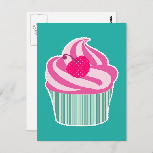 Roze cupcake WIth Polka Dot Cherry Briefkaart (Voorkant / Achterkant)