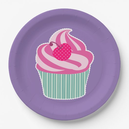 Roze cupcake WIth Polka Dot Cherry Papieren Bordje (Voorkant)