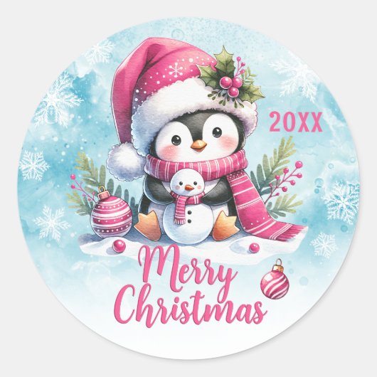 Roze Custom Jaar Schattigee Pinguïn Vrolijk Kerstf Ronde Sticker (Voorkant)