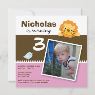 Roze Custom Lion & Birdie Birthday Party Invite Kaart
