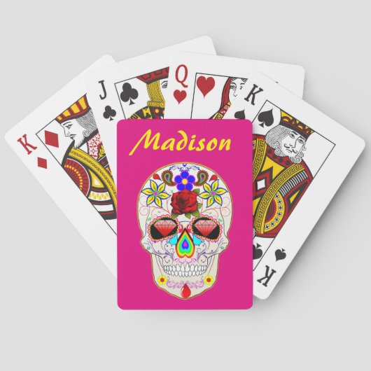 Roze Custom Name Sugar Skull Mexicaanse kunst Pokerkaarten (Achterkant)