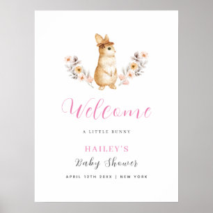 Roze Cute Bunny Wildflower Welkom Baby Shower Poster