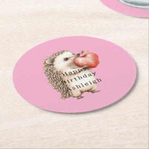 Roze Cute Egel Hart Dier Verjaardag Ronde Kartonnen Onderzetter