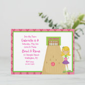 Roze, Cute, Girl Bowling Party Invitation Kaart (Staand voorkant)