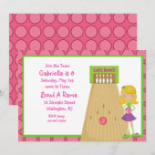 Roze, Cute, Girl Bowling Party Invitation Kaart (Voorkant / Achterkant)