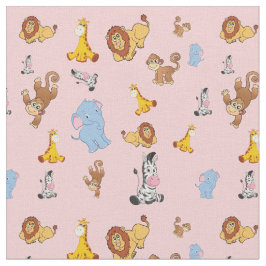 roze Cute safari dierpatroon - Giraffe, olifant Stof