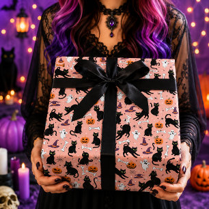 Roze Cute Zwarte Kat Geest Pompoen Halloween Cadeaupapier