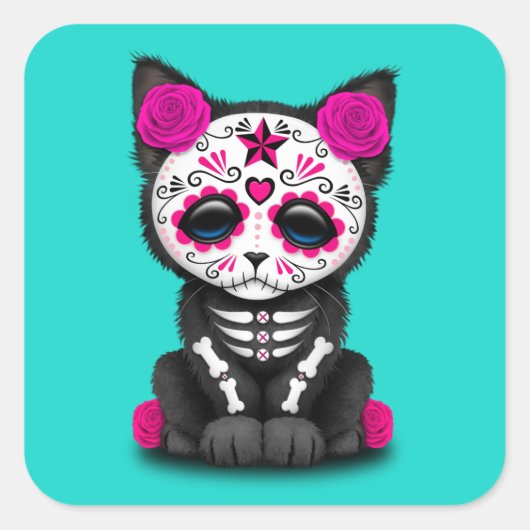 Roze dag van de dode kitten vierkante sticker (Voorkant)