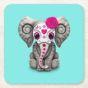 Roze dag van de dode olifant vierkante kartonnen onderzetter
