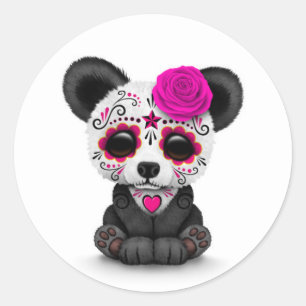 Roze dag van de dode suikerschedel Panda op wit Ronde Sticker