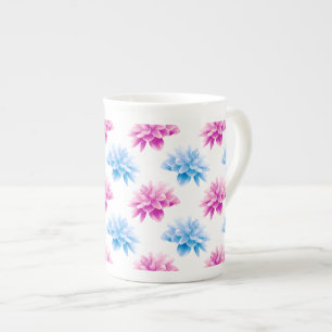 Roze dahlia, blauwe dahla, bloemmotief, bloemen porselein kop