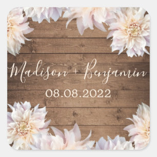 Roze Dahlia Bloem Landelijke Houten Trouwdatum Vie Vierkante Sticker