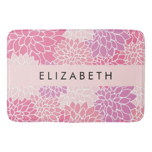 Roze dahlia bloemen, bloemenpatroon, Jouw naam Badmat