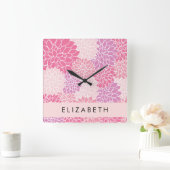 Roze dahlia bloemen, bloemenpatroon, Jouw naam Vierkante Klok (Huis)