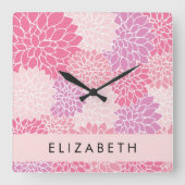 Roze dahlia bloemen, bloemenpatroon, Jouw naam Vierkante Klok (Voorkant)