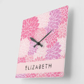 Roze dahlia bloemen, bloemenpatroon, Jouw naam Vierkante Klok (Hoek)