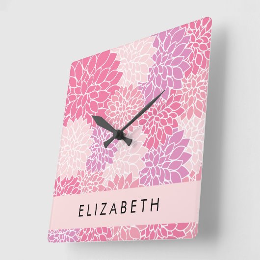 Roze dahlia bloemen, bloemenpatroon, Jouw naam Vierkante Klok (Hoek)