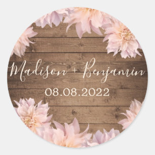 Roze Dahlia Flower Rustic Wood Weddenschap Datum Ronde Sticker