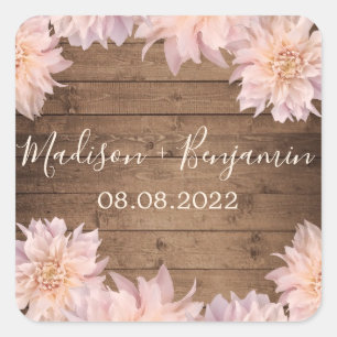Roze Dahlia Flower Rustic Wood Weddenschap Datum Vierkante Sticker