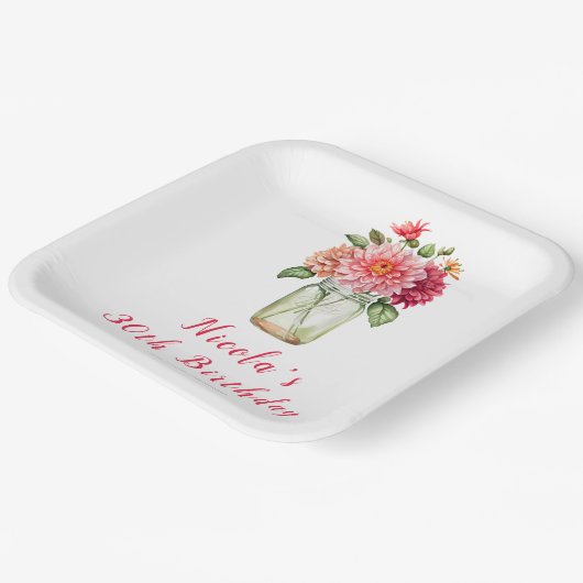 Roze Dahlias Mason Jar Verjaardagsfeest Papieren Bordje (Gebogen)