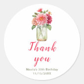 Roze Dahlias Mason Jar Verjaardagsfeest Ronde Sticker (Voorkant)