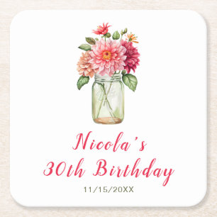 Roze Dahlias Mason Jar Verjaardagsfeest Vierkante Kartonnen Onderzetter