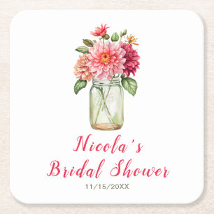 Roze Dahlias Metselpot Bruidsdouche Vierkante Kartonnen Onderzetter
