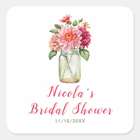 Roze Dahlias Metselwerk Pot Bruiloft Feestje Vierkante Sticker (Voorkant)