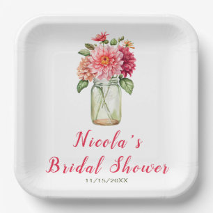 Roze Dahlias Metselwerk Pot Bruiloftsborrel Papieren Bordje