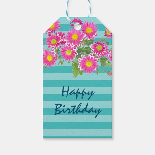 Roze Daisies op Turquoise Strepen Gelukkige Verjaa Cadeaulabel (Voorkant)