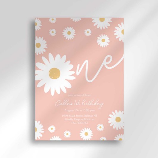 Roze Daisy 1e Verjaardag uitnodiging