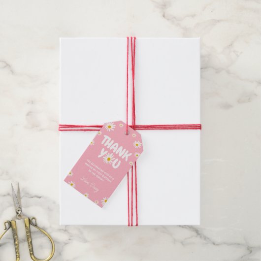 Roze Daisy Bloemen 1e Verjaardag Dank u wel Cadeaulabel (Met Touw)