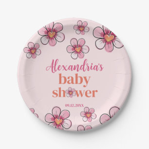 Roze Daisy Bloemen Meisjes Baby Shower Papieren Bordje