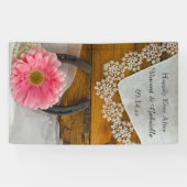 Roze Daisy en Hoefijzer Country Western Weddenscha Spandoek (Horizontaal)