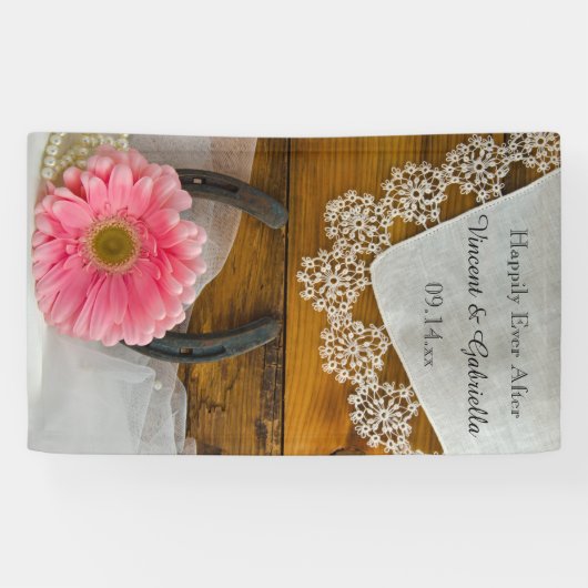 Roze Daisy en Hoefijzer Country Western Weddenscha Spandoek (Horizontaal)
