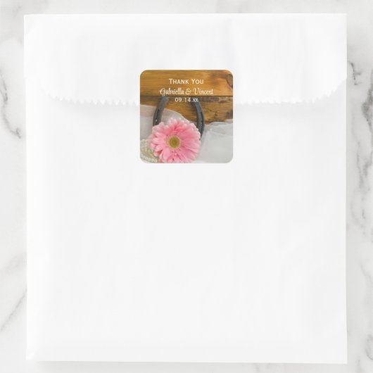 Roze Daisy en Hoefijzer Westerne bruiloft Bedankt Vierkante Sticker (Tas)