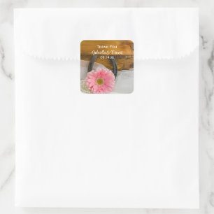 Roze Daisy en Hoefijzer Westerne bruiloft Bedankt Vierkante Sticker
