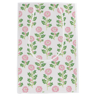 Roze Daisy en Hulst Kerstcadeautas Wit Medium Cadeauzakje
