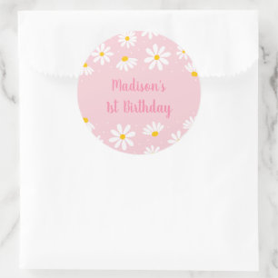 Roze Daisy First Birthday Ronde Sticker