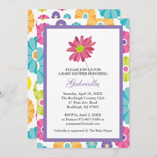 Roze Daisy Flower Baby shower Invitation Kaart (Voorkant / Achterkant)