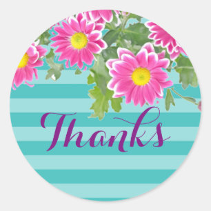 Roze Daisy Flowers on Turquoise Stripes "Bedankt" Ronde Sticker
