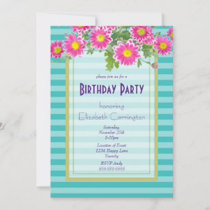 Roze Daisy Flowers op Turquoise Stripes Birthday Kaart