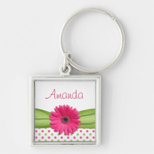 Roze Daisy Green Polka Dot Aangepaste naam Sleutel Sleutelhanger