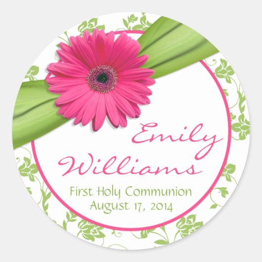 Roze Daisy Groen Wit Bloemen Eerste Communie Ronde Sticker (Voorkant)