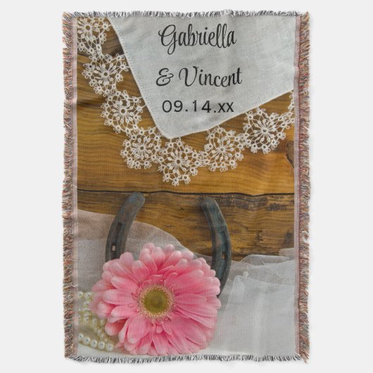 Roze Daisy, Kant en Hoefijzer Westerne bruiloft Deken (Voorkant Verticaal)