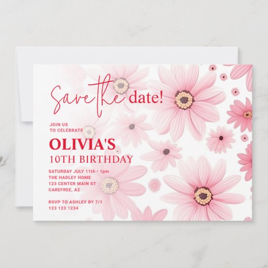 Roze Daisy Kind is jarig Save The Date (Voorkant)